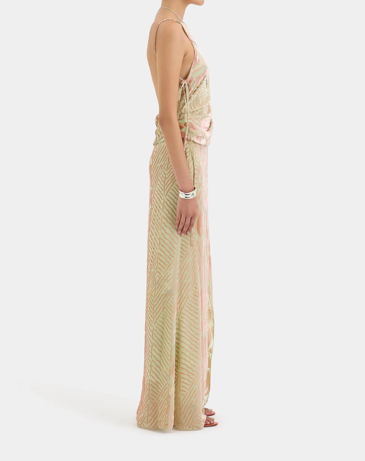 Beige and brown one-shoulder maxi dress with floral print