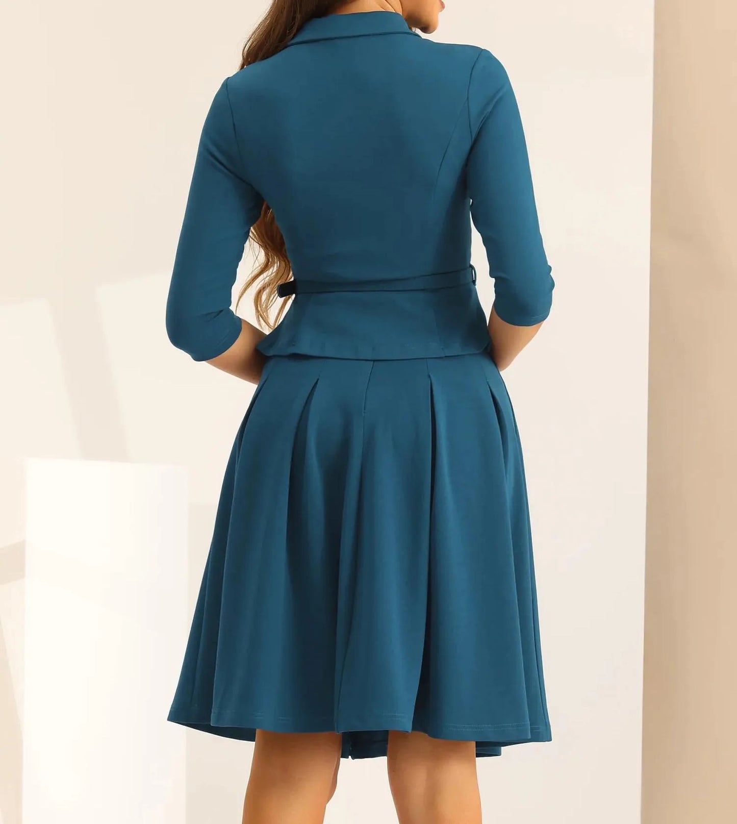 Teal midi dress with collar, belt and pleated skirt