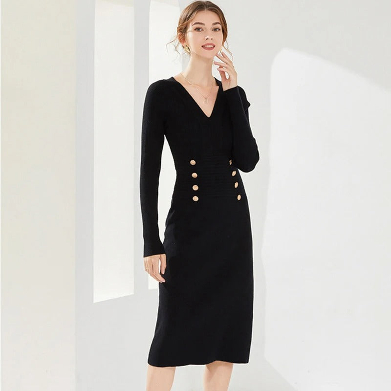 Black fitted midi dress with V-neck and button details