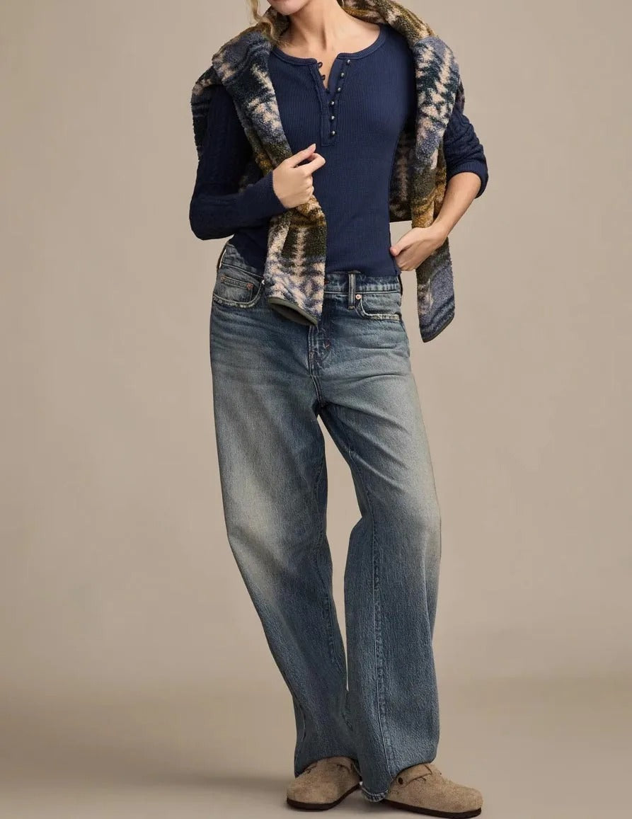 Navy knit henley top with cable sleeve detail