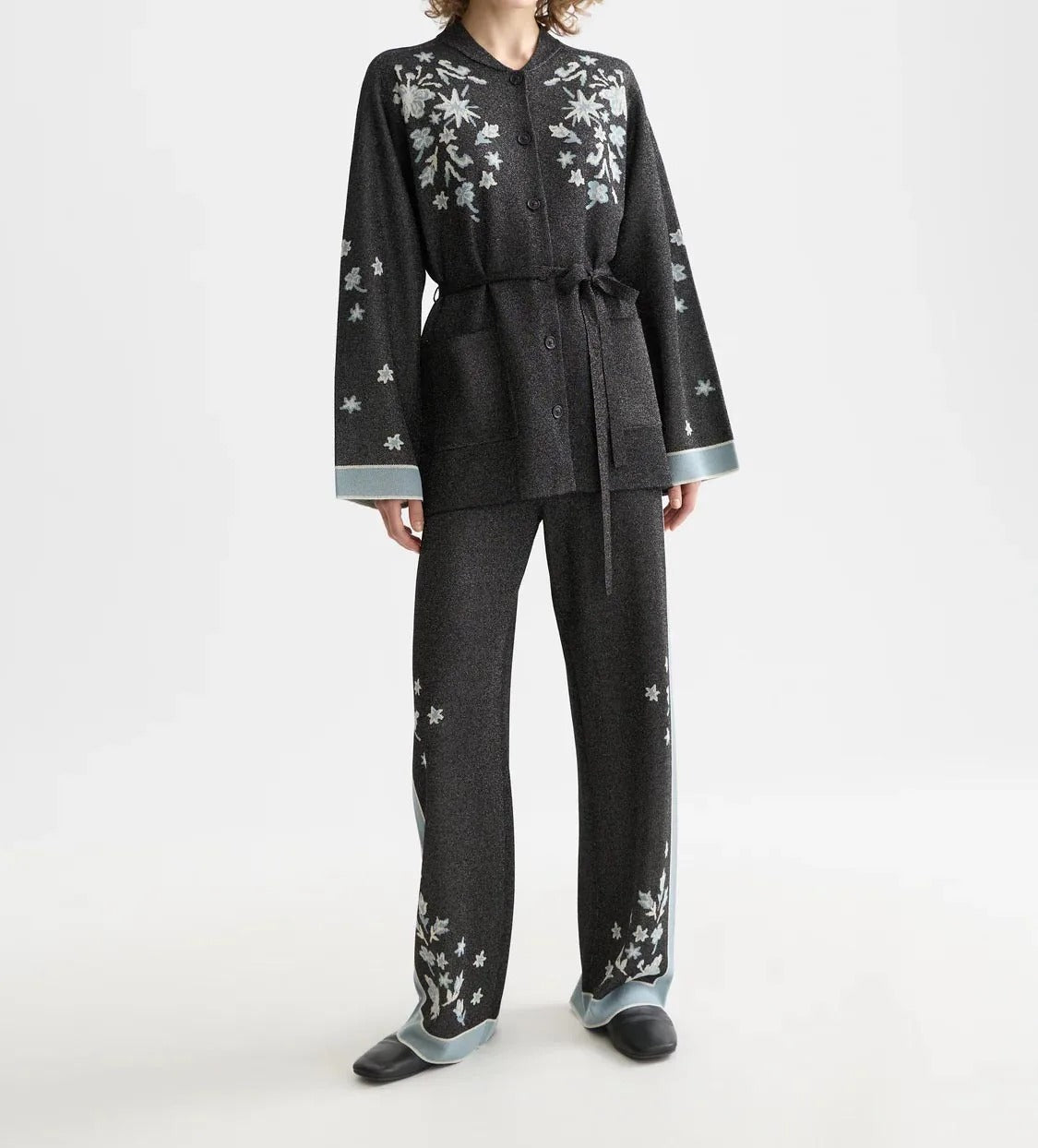 Black floral embroidered tie-waist jacket