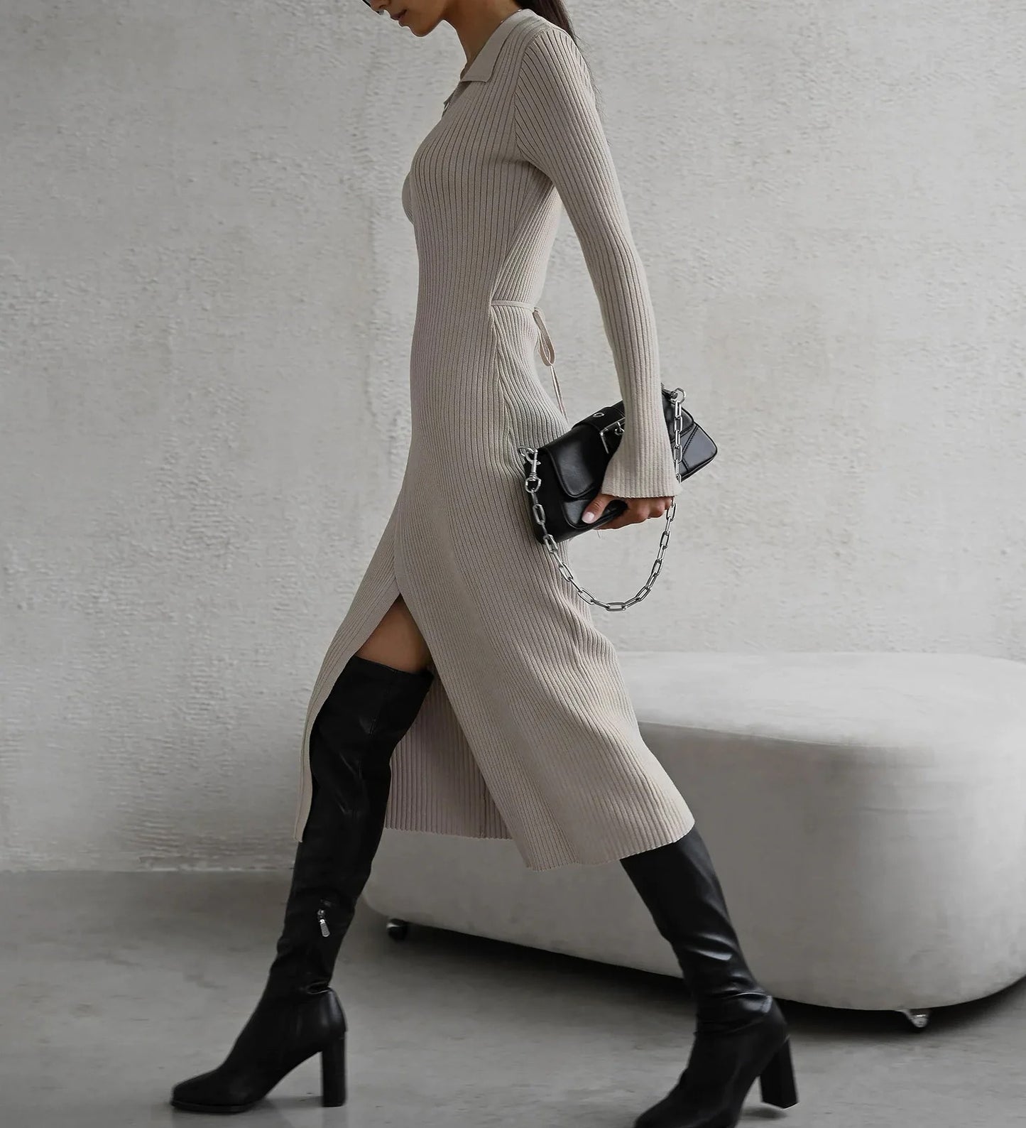 Beige ribbed wrap midi dress with collar and long sleeves