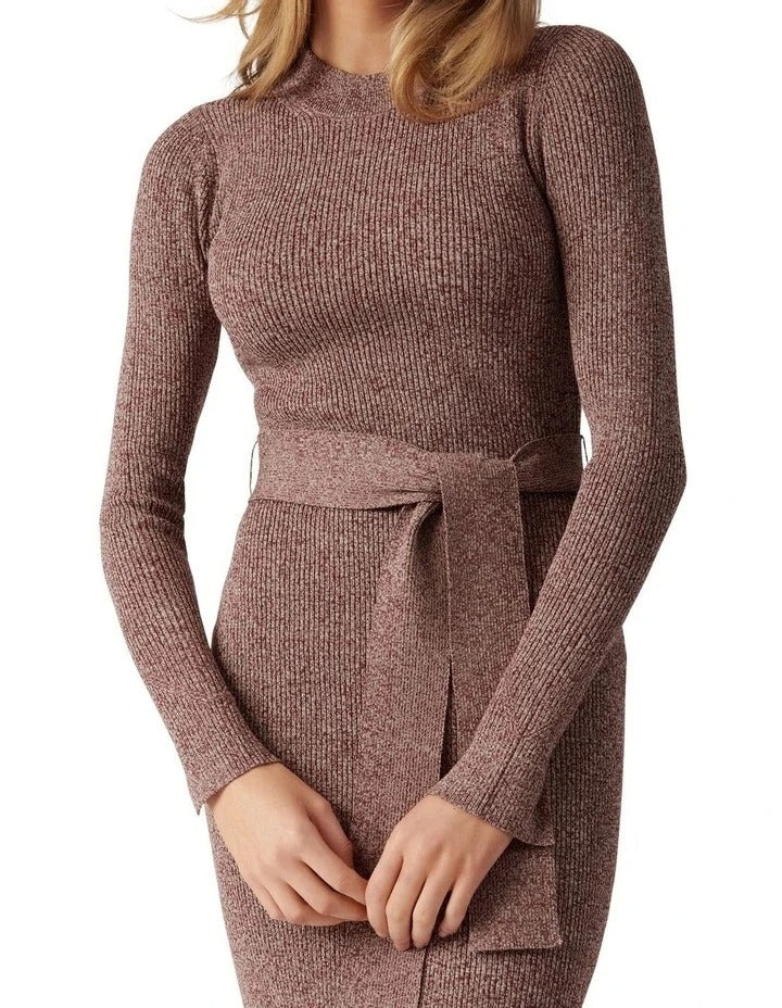 Mauve long-sleeve midi dress with waist tie and side slit