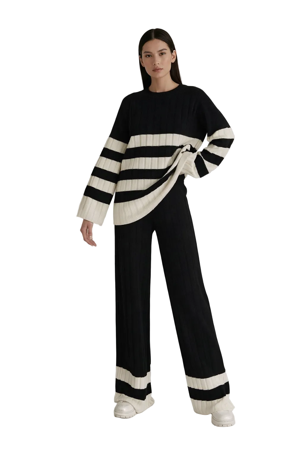 Black and cream striped knit set with sweater and wide-leg pants