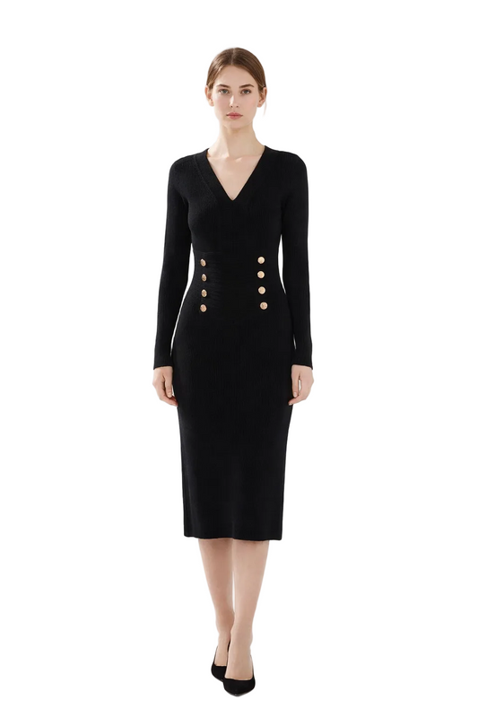 Black fitted midi dress with V-neck and button details
