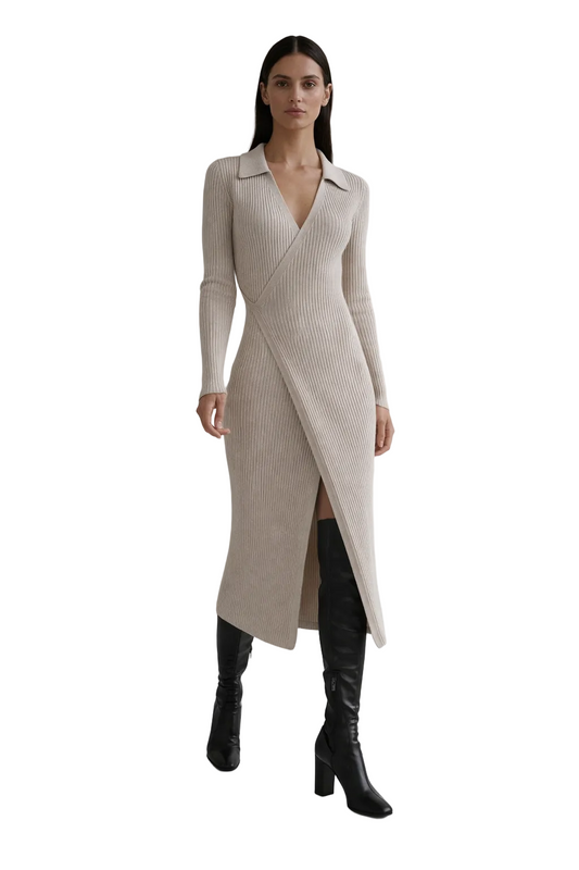Beige ribbed wrap midi dress with collar and long sleeves