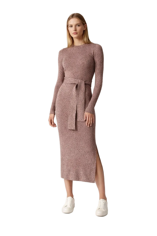 Mauve long-sleeve midi dress with waist tie and side slit