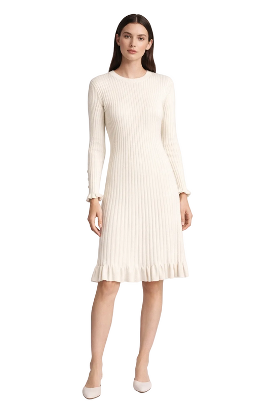 Cream ribbed knit dress with long sleeves and ruffle hem