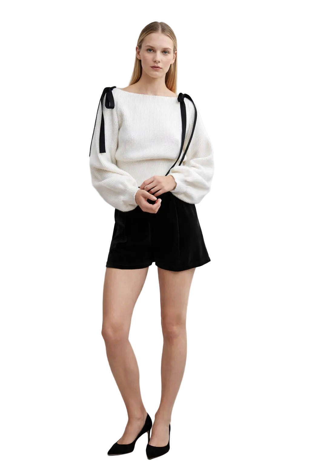 Cream knit sweater with bow shoulder ties and long sleeves