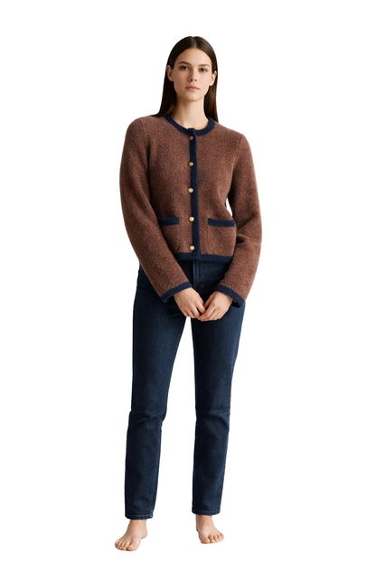 Brown knit cardigan with contrast trim and button closure