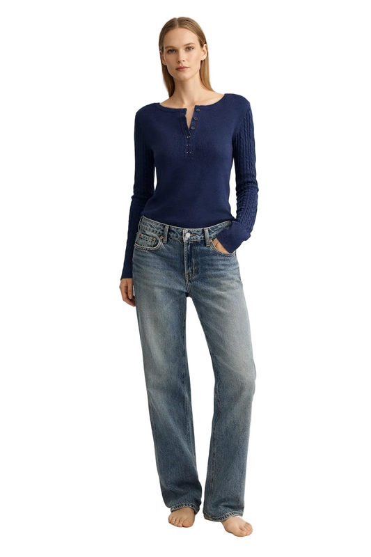 Navy knit henley top with cable sleeve detail