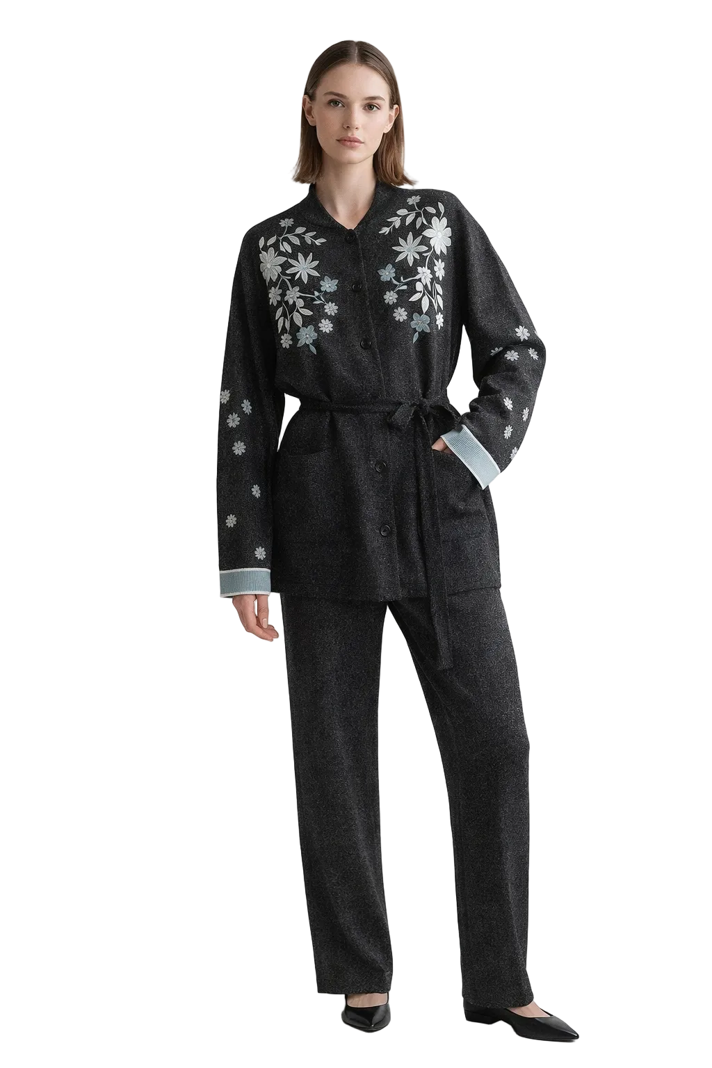 Black floral embroidered tie-waist jacket