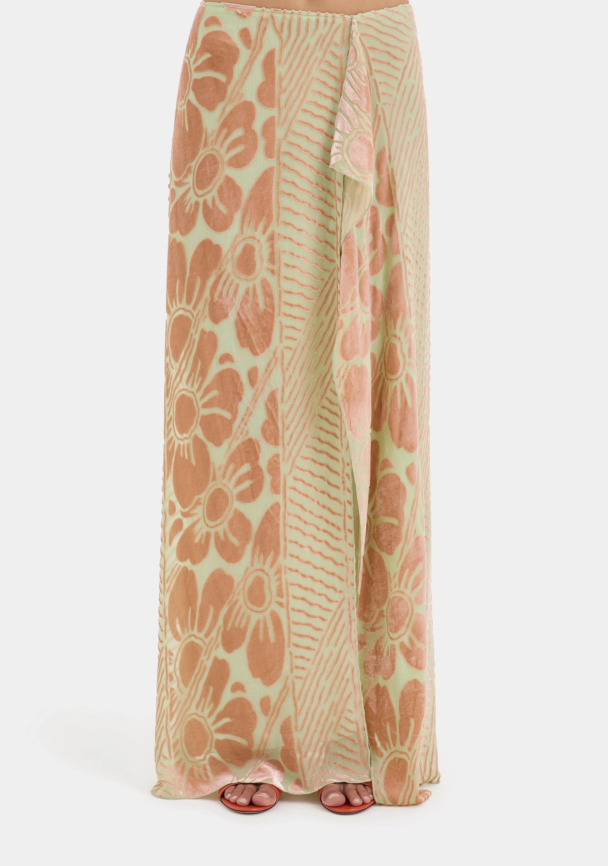 Beige and brown one-shoulder maxi dress with floral print
