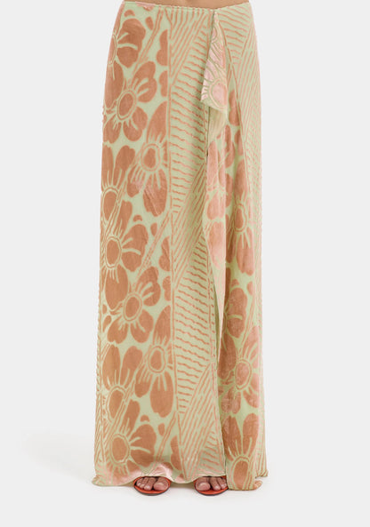 Beige and brown one-shoulder maxi dress with floral print