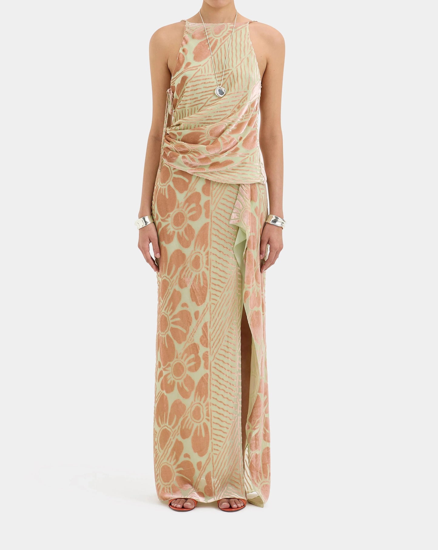Beige and brown one-shoulder maxi dress with floral print