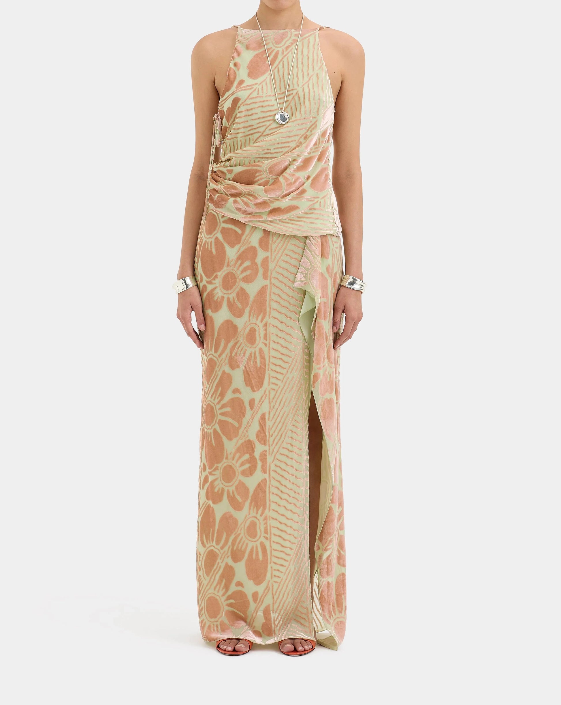Beige and brown one-shoulder maxi dress with floral print