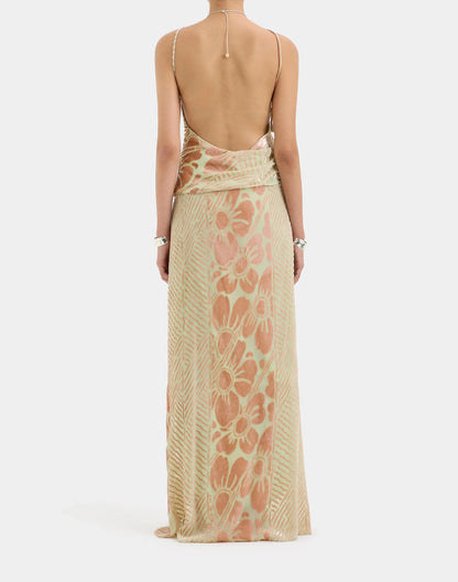Beige and brown one-shoulder maxi dress with floral print