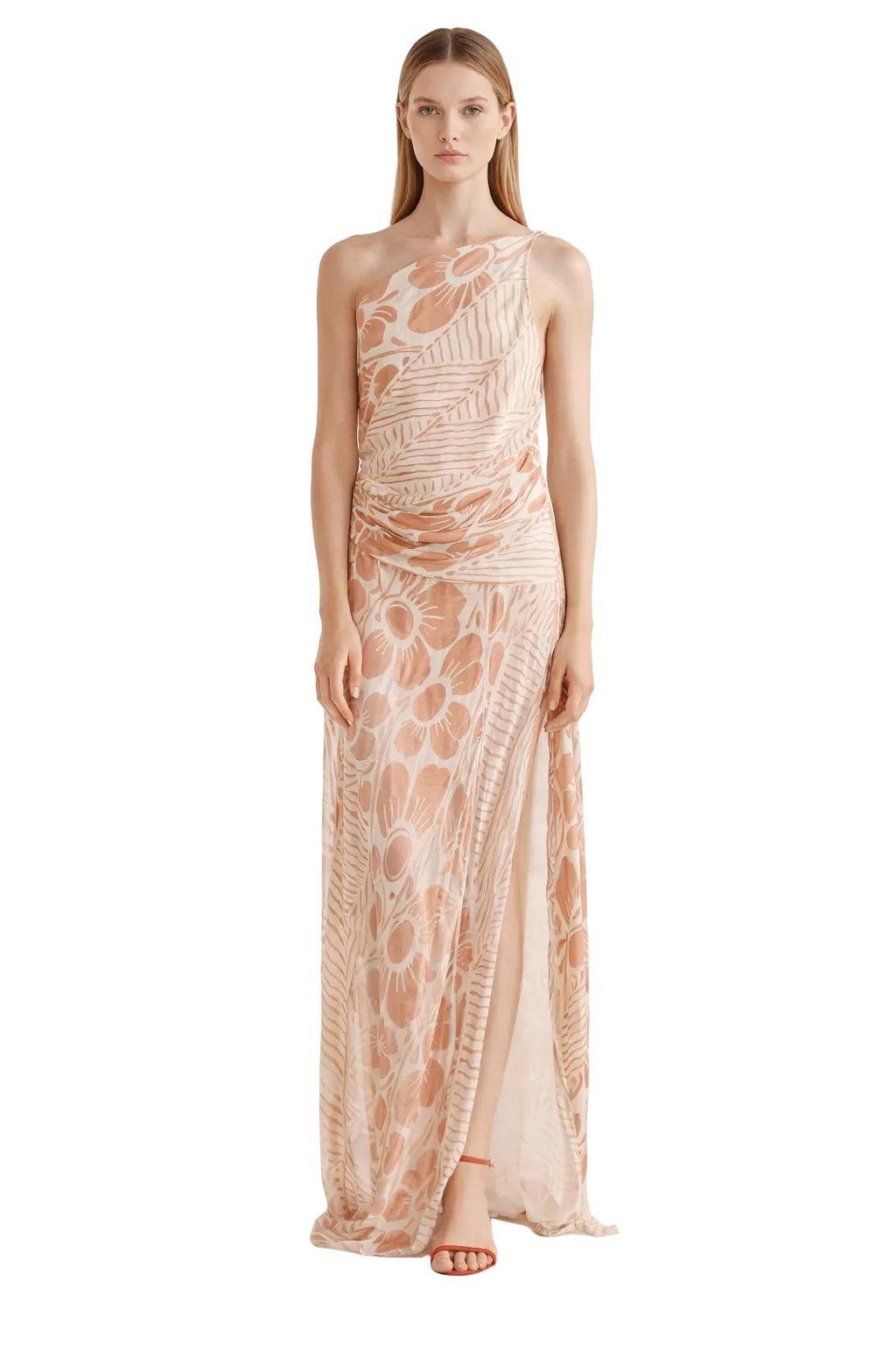 Beige and brown one-shoulder maxi dress with floral print