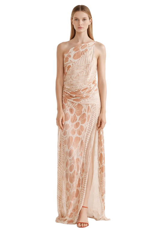 Beige and brown one-shoulder maxi dress with floral print
