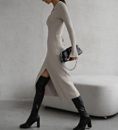 Beige ribbed wrap midi dress with collar and long sleeves
