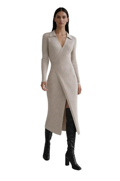 Beige ribbed wrap midi dress with collar and long sleeves