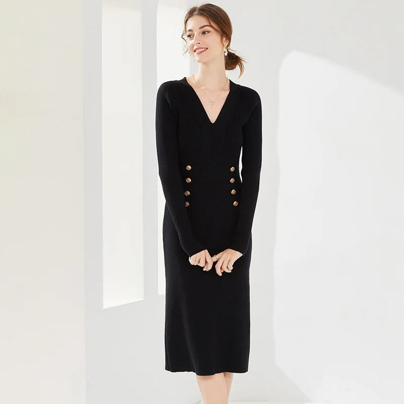 Black fitted midi dress with V-neck and button details