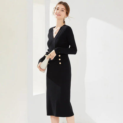 Black fitted midi dress with V-neck and button details