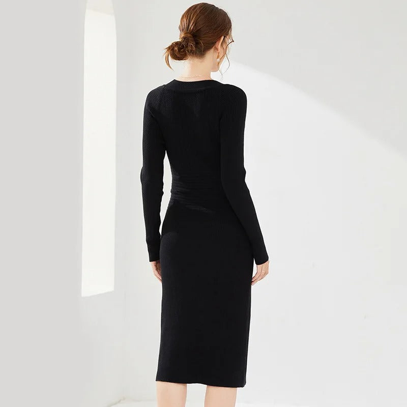Black fitted midi dress with V-neck and button details