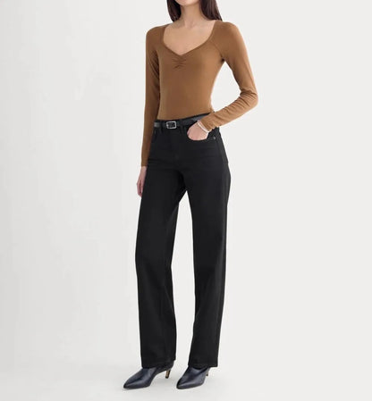 Brown fitted long sleeve top with ruched detail