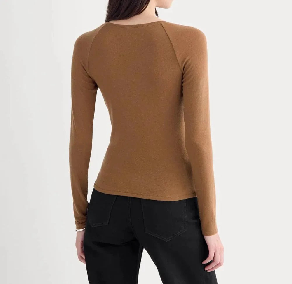 Brown fitted long sleeve top with ruched detail