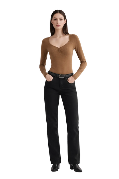 Brown fitted long sleeve top with ruched detail