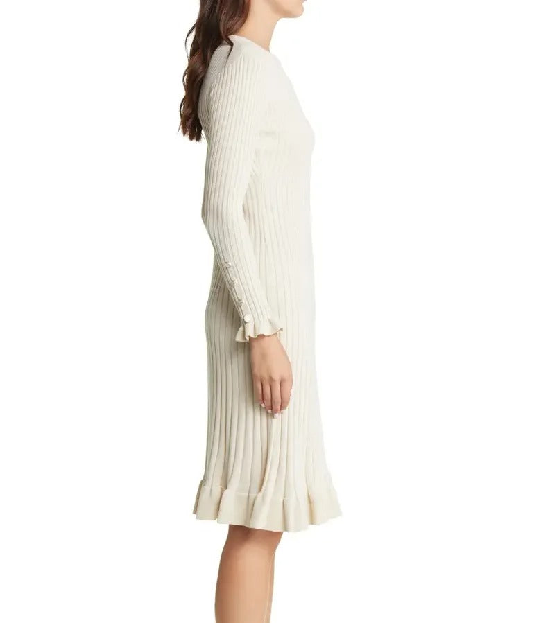 Cream ribbed knit dress with long sleeves and ruffle hem