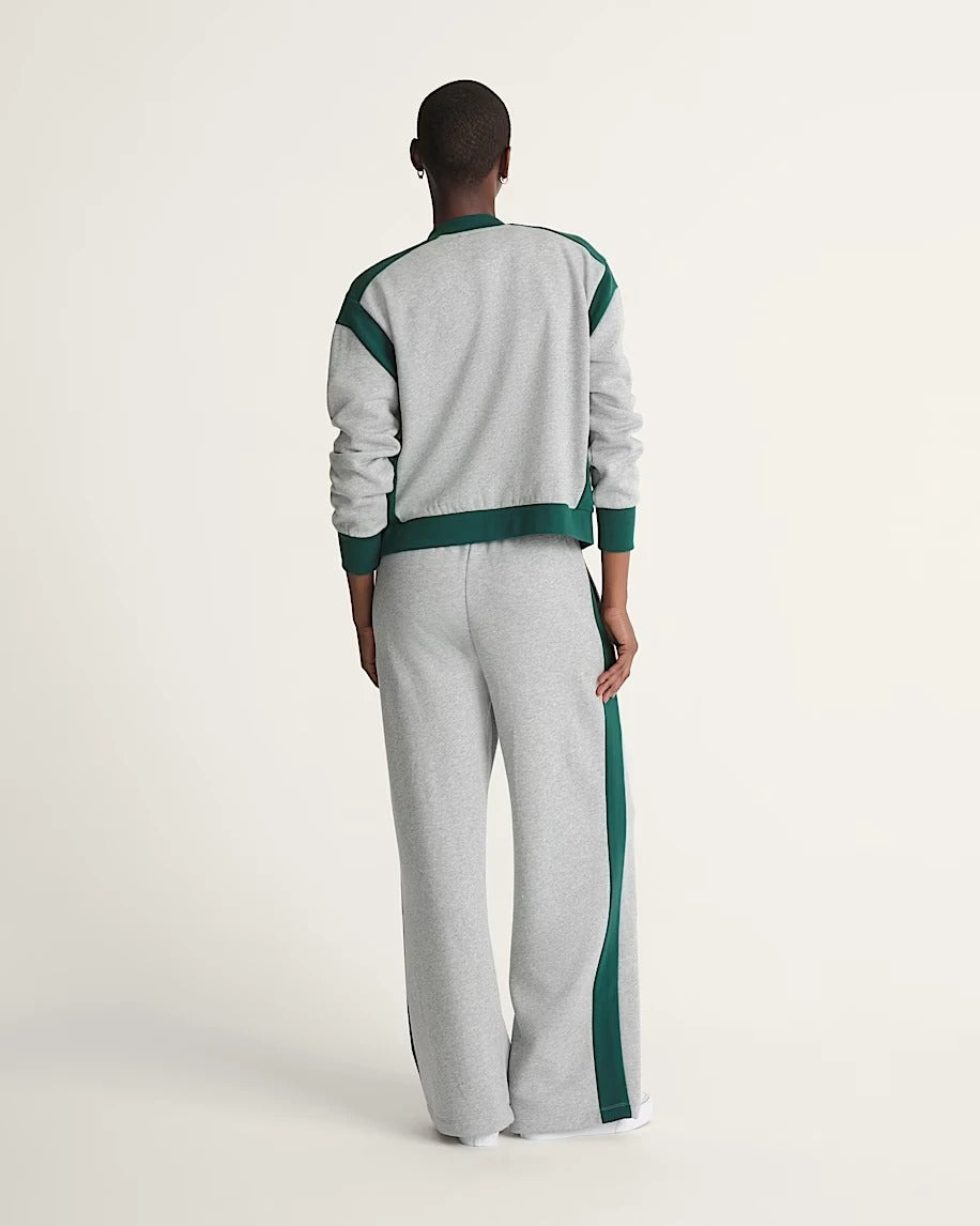 Grey two-piece tracksuit with zip jacket and wide-leg pants