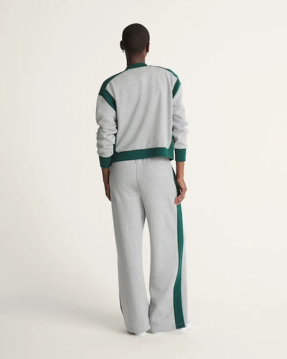 Grey two-piece tracksuit with zip jacket and wide-leg pants