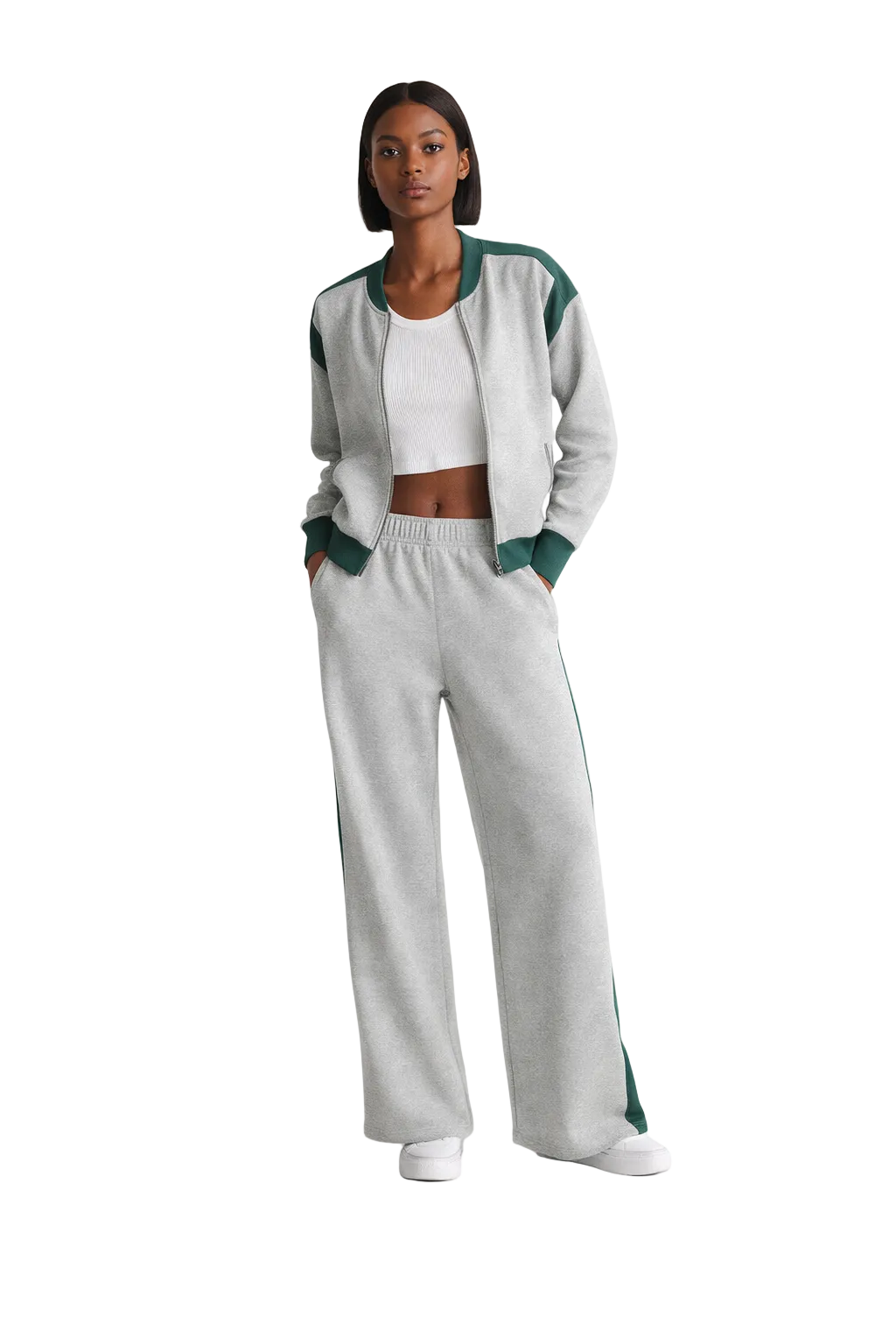 Grey two-piece tracksuit with zip jacket and wide-leg pants