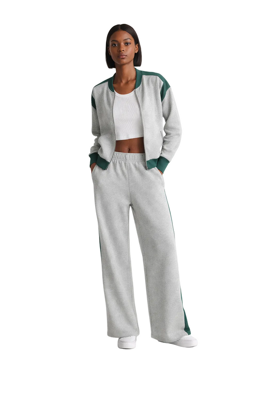 Grey two-piece tracksuit with zip jacket and wide-leg pants