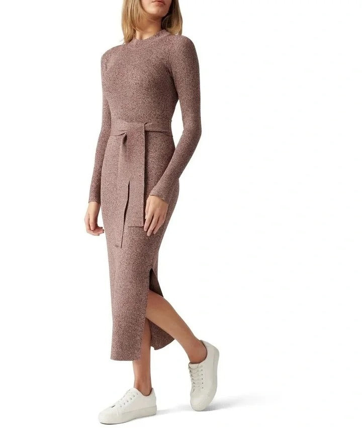 Mauve long-sleeve midi dress with waist tie and side slit