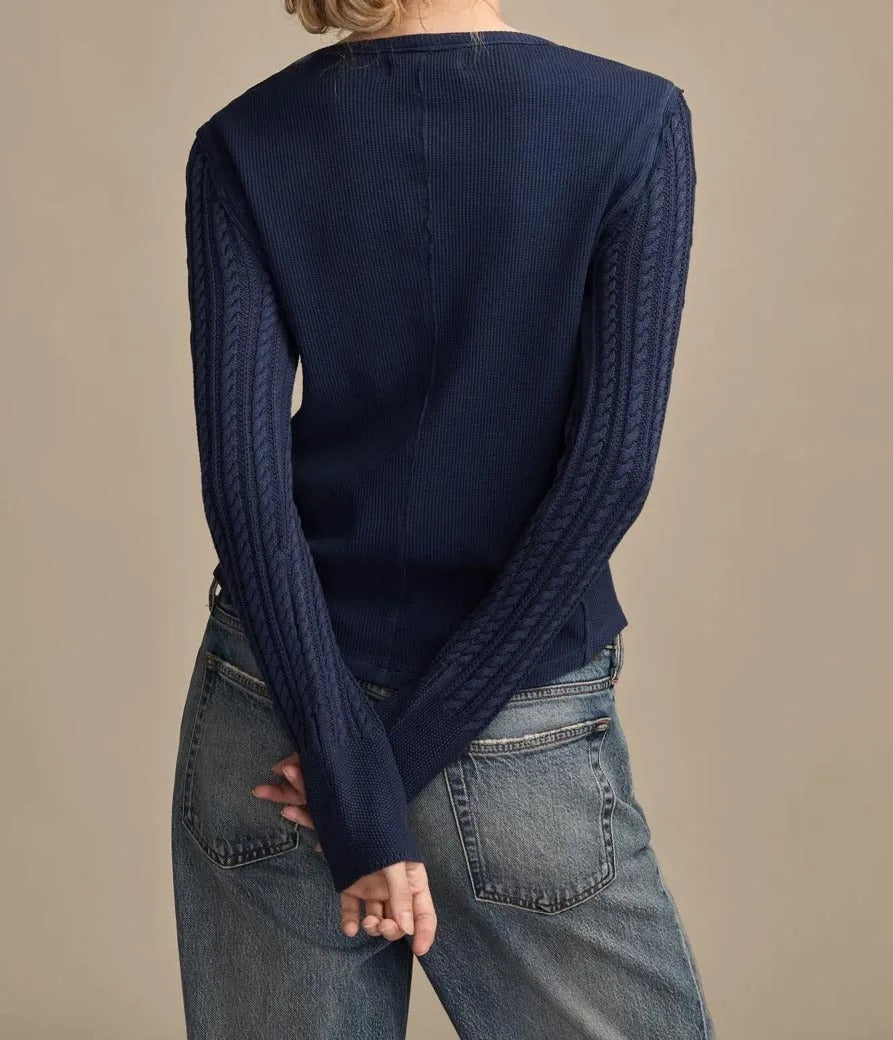 Navy knit henley top with cable sleeve detail