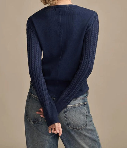 Navy knit henley top with cable sleeve detail