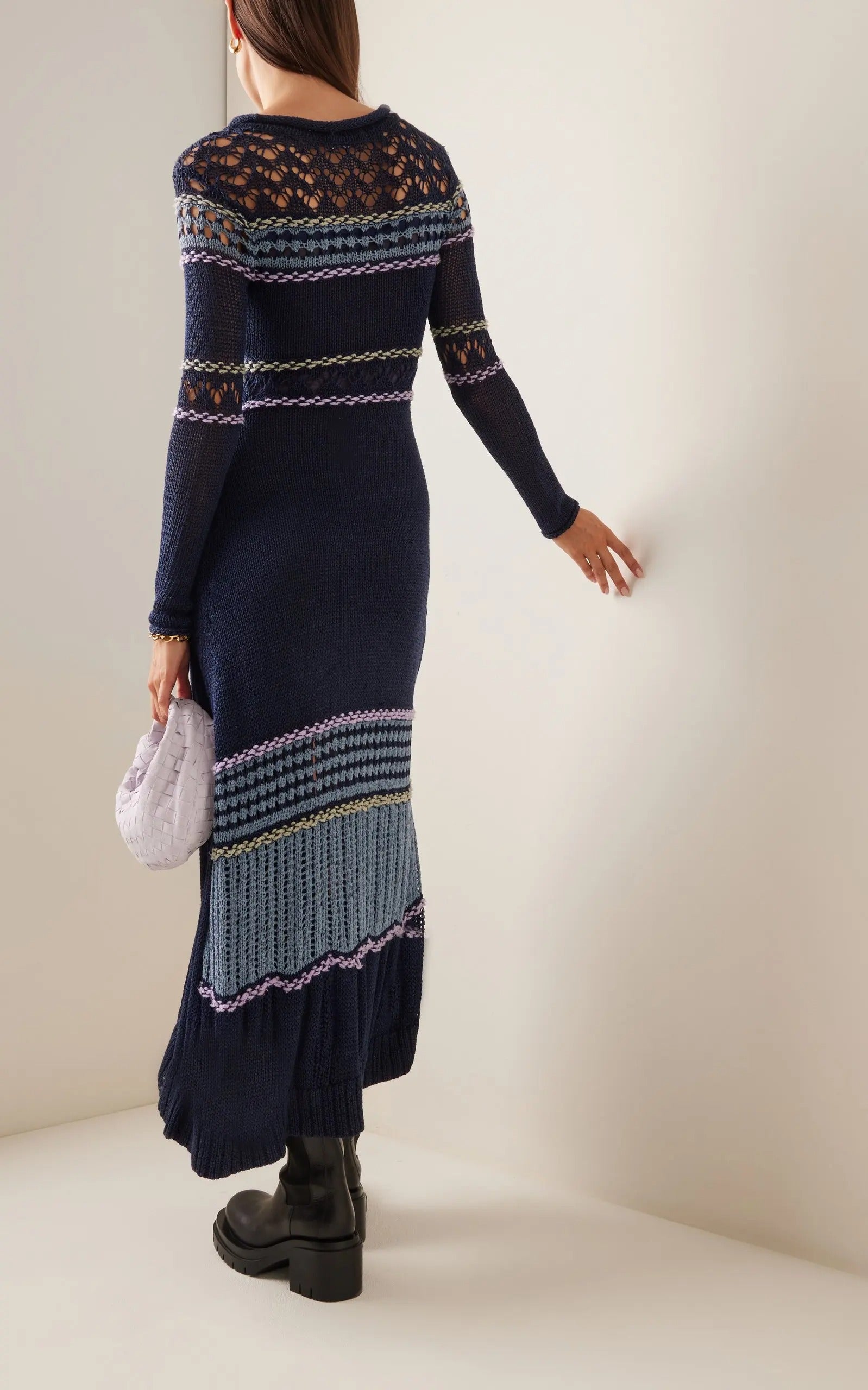 Navy knit maxi dress with pattern panels and side slit