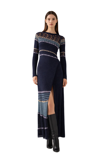 Navy knit maxi dress with pattern panels and side slit