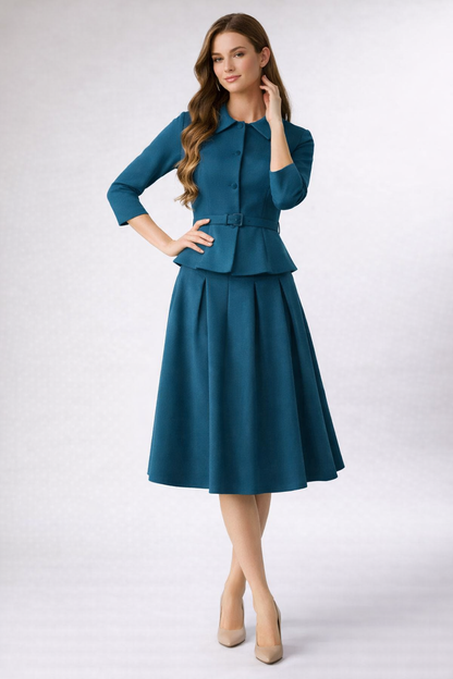 Teal midi dress with collar, belt and pleated skirt