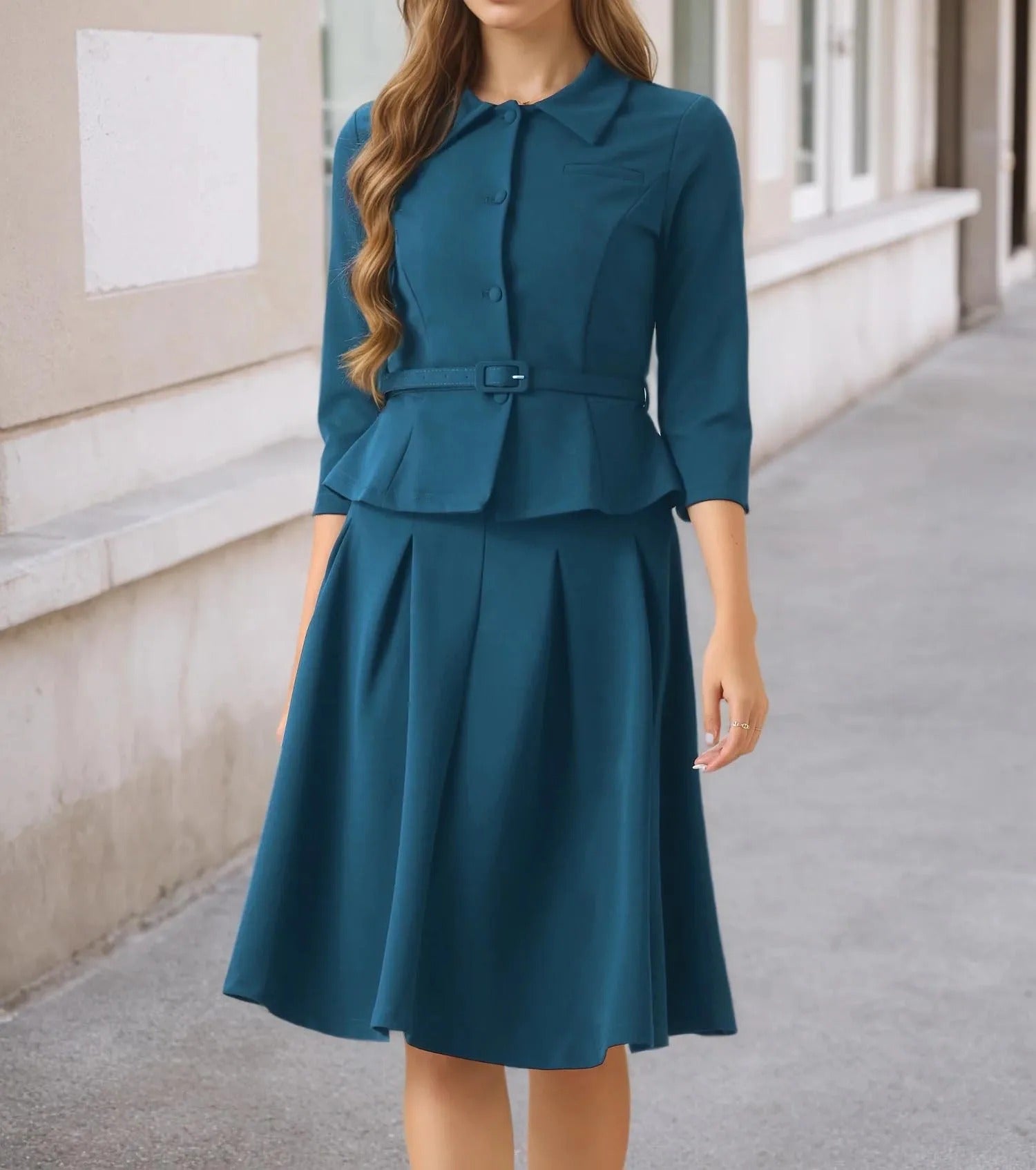 Teal midi dress with collar, belt and pleated skirt