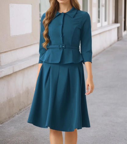 Teal midi dress with collar, belt and pleated skirt