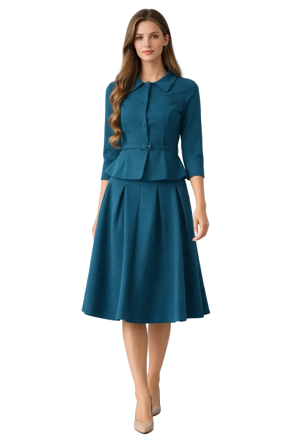 Teal midi dress with collar, belt and pleated skirt
