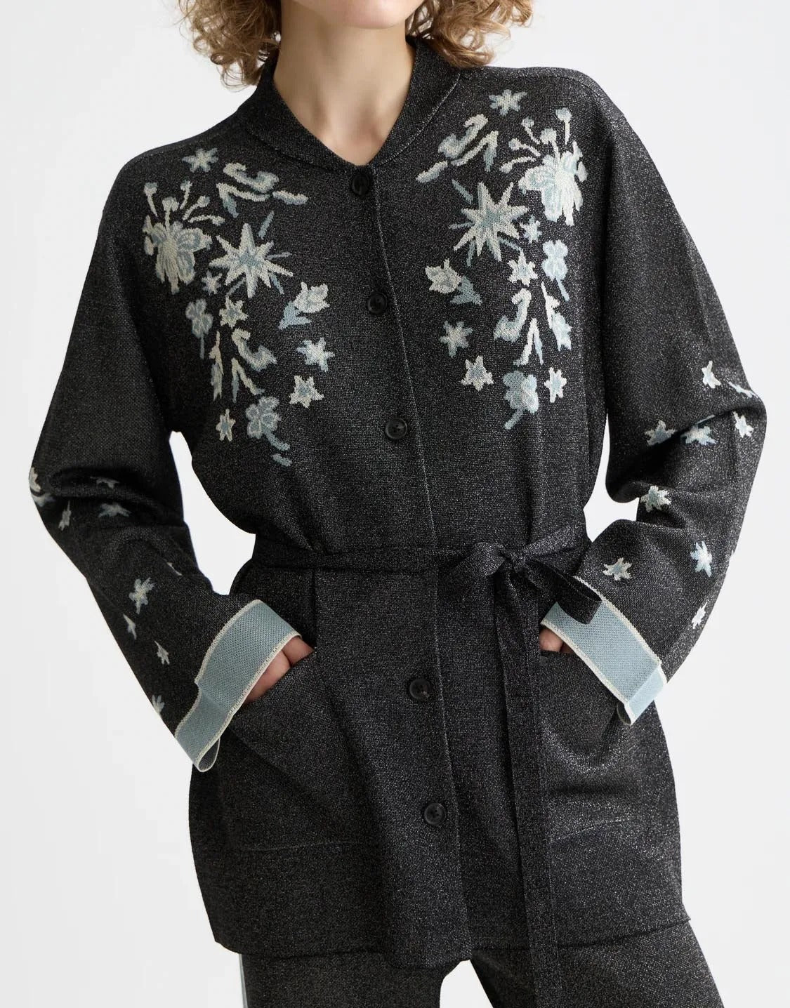 Black floral embroidered tie-waist jacket