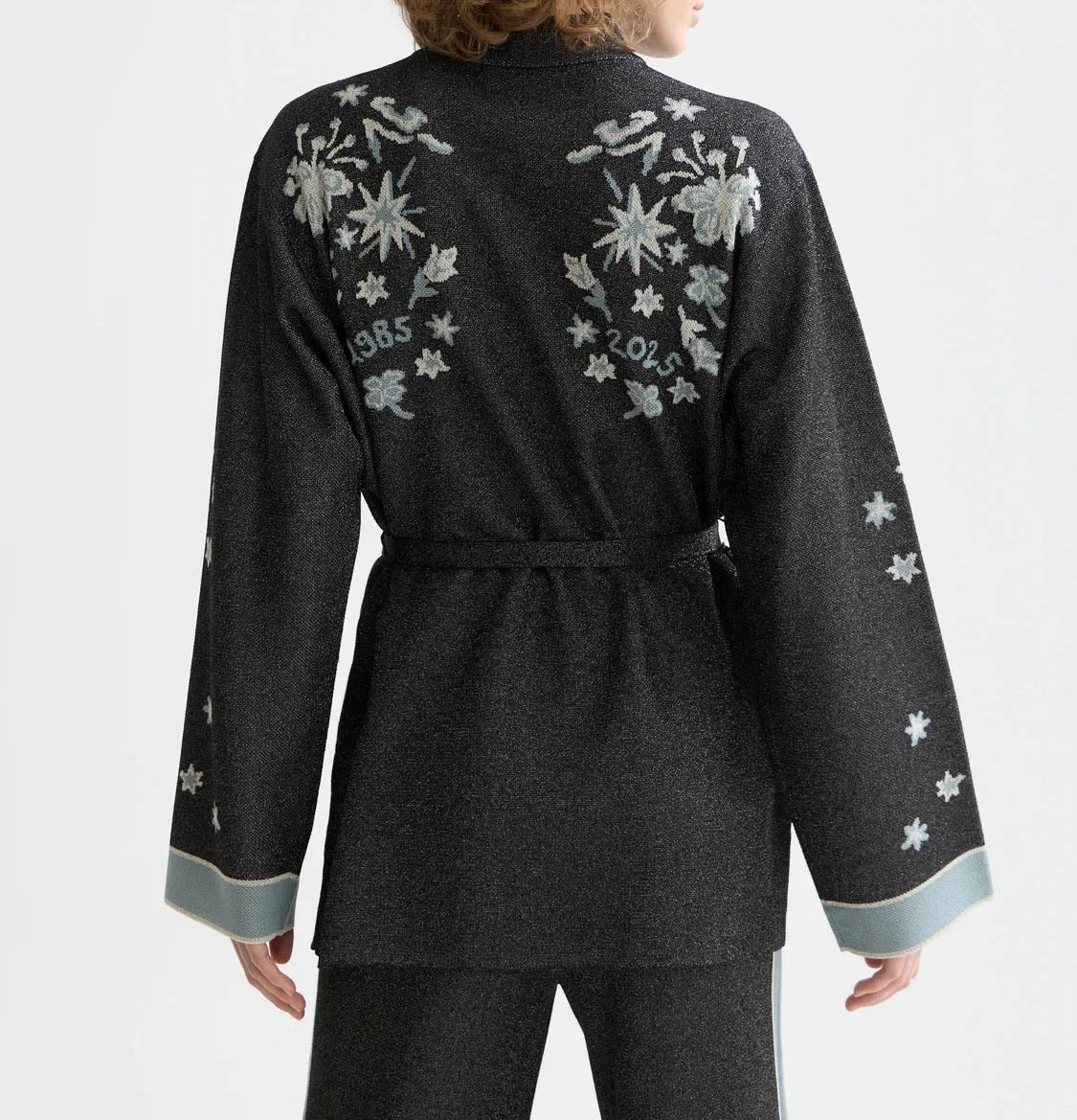 Black floral embroidered tie-waist jacket