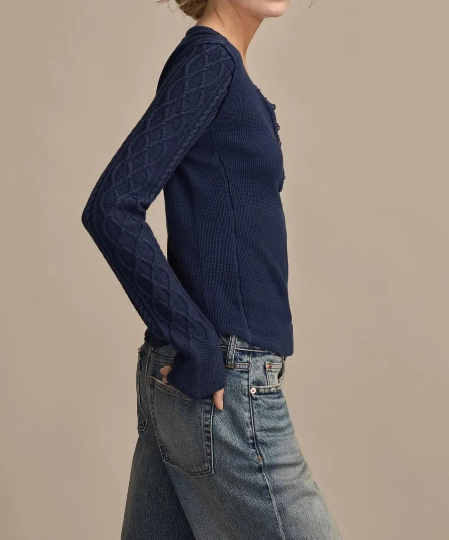 Navy knit henley top with cable sleeve detail